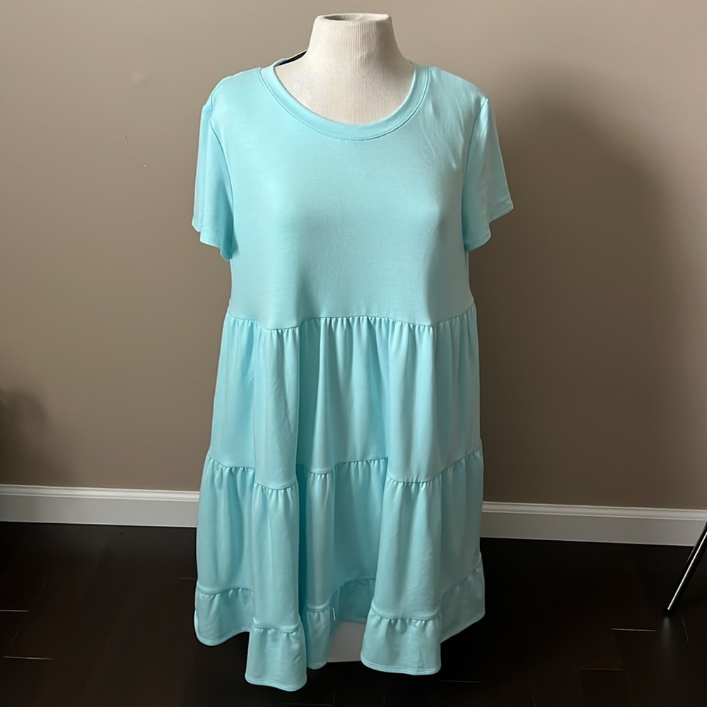 NWT Crown & Ivy Aqua Baby Terry Short Sleeve Tiered Dress Sz L